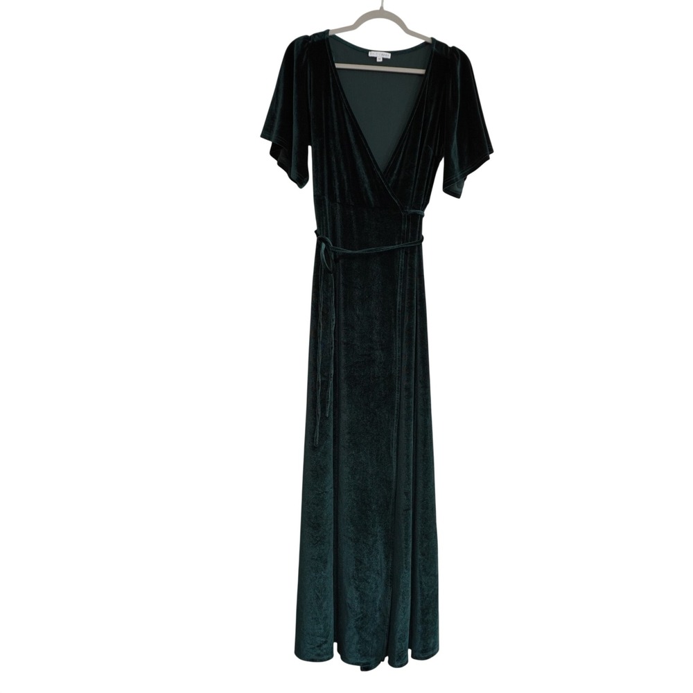 Baltic Born Velvet Dark Green Wrap Dress Flutter Sleeve Gown Winter Bridesmaid